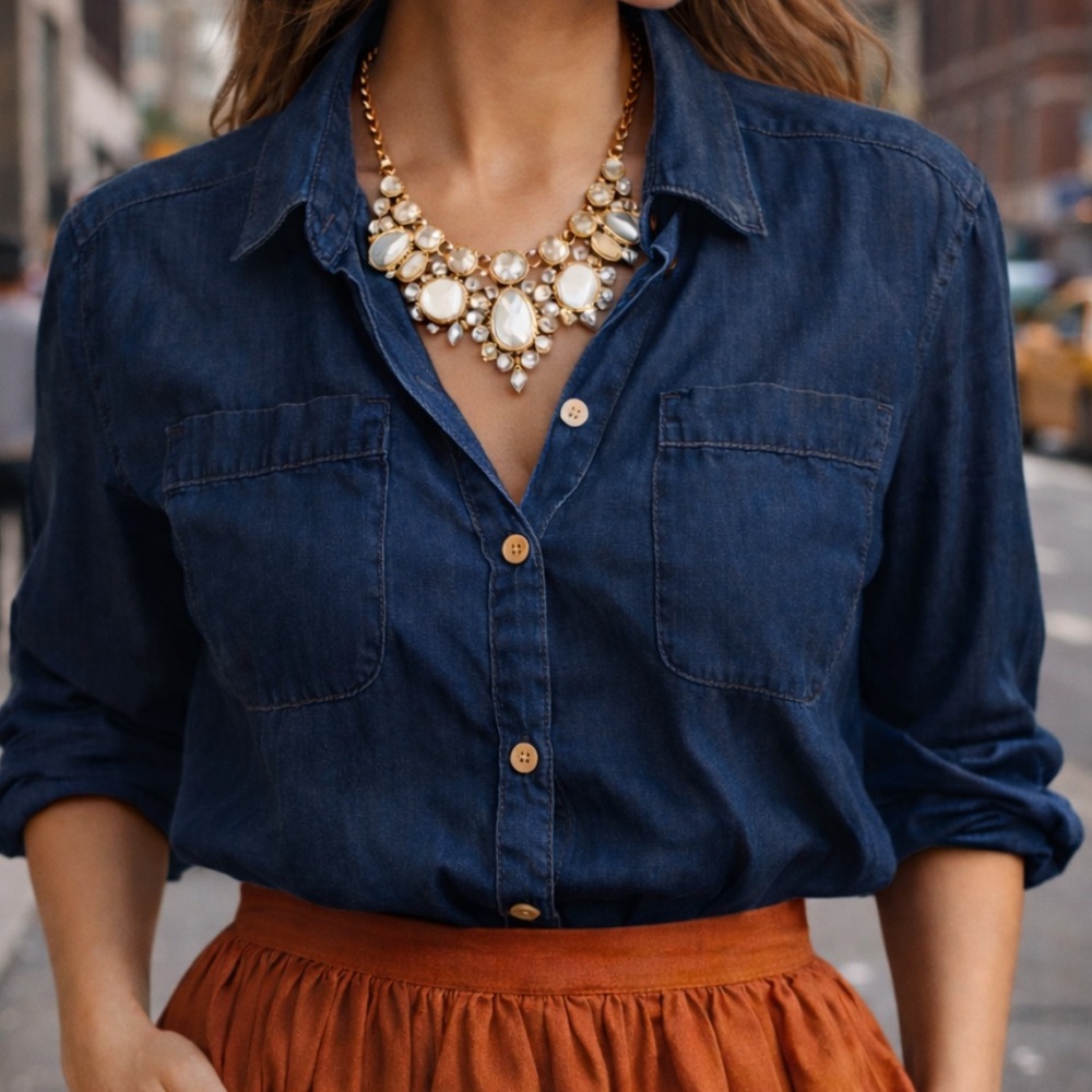 Denim Button-Up Blouse v neck